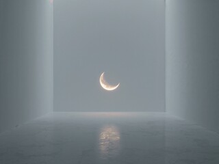 Golden Crescent Moon Reflected in Still Water, Framed by Abstract Minimalist Light Chamber.