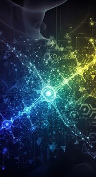 Glowing digital network structures exhibit vibrant blue and yellow color gradients against a dark background.