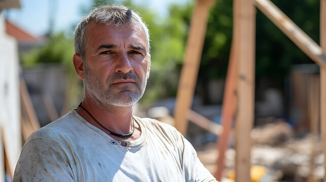 Focused construction worker stands amidst a wooden frame, wearing a white tee, capturing the essence of hard work and dedication in the face of building something new.