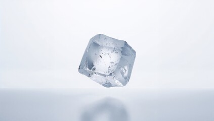 Floating Ice Cube - Isolated, Transparent, Reflective, Cool, Minimalist, White Background.