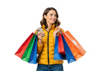 Woman holding shopping bags and phone isolated on transparent background