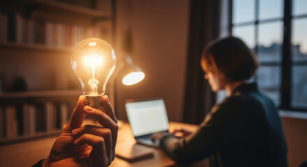Person working on laptop with a glowing lightbulb symbolizing innovation