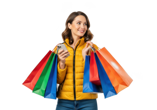 Woman holding shopping bags and phone isolated on transparent background - Powered by Adobe