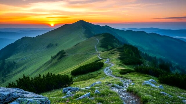 Beautiful sunrise over the mountains with a hiking trail, perfect for nature lovers and outdoor