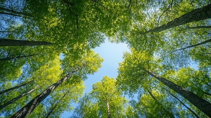 Upward view through a lush green forest canopy with sunlight piercing the leaves