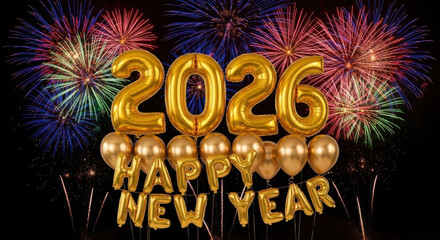 Golden 2026 balloons and fireworks celebrate new year s eve