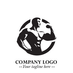 Fototapeta premium Man With Muscle Logo Symbol in Black on White Background for Strong Bold Fitness Branding Design Art
