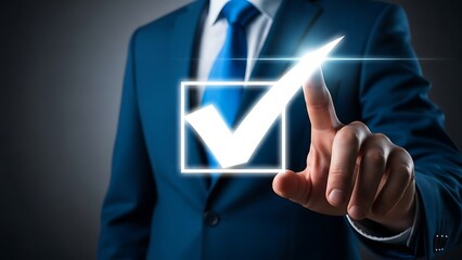 Businessman selects a checkmark on a digital interface with confidence