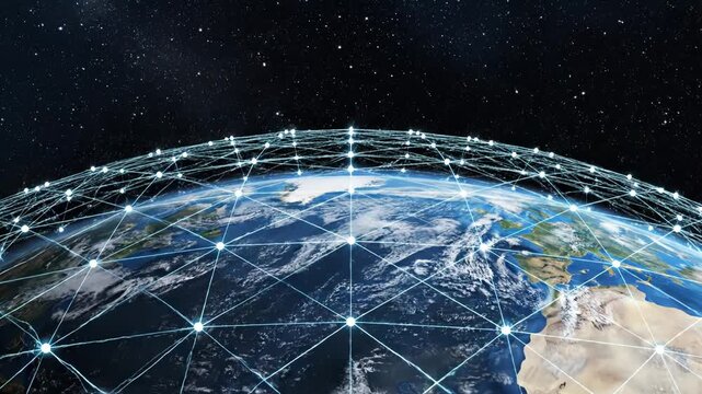 Global digital network grid overlaying the earth from space with glowing connections and starry sky vector illustration