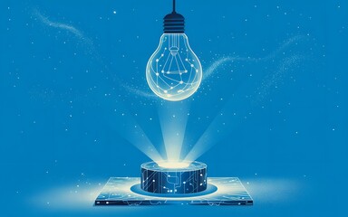 Digital light bulb illuminating from a glowing technological base