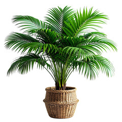 Obraz premium Exotic Palm in a Woven Basket: An elegant Areca palm, vibrant green leaves unfurl in a decorative woven basket, adding a touch of tropical elegance.