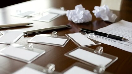 Brainstorming session on the desk: Blank name tags, pens, crumpled paper balls and registration form