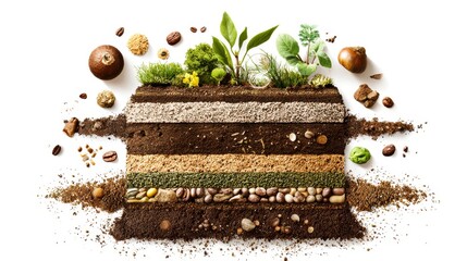 Soil health concept with layered soil profile showing different textures, seeds, and green plants growing on top, symbolizing nutrient rich earth and natural growth