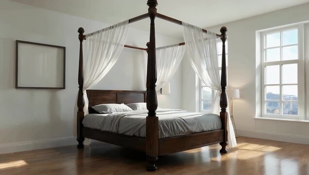A luxurious 4K 3D rendering of a contemporary four poster bed placed within a refined bedroom of classical white walls warm wooden flooring minimalist frames and soft natural window light ideal for