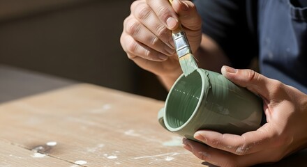 Artisan's hands carefully brushing green glaze onto a ceramic mug in a sunlit pottery workshop for a handmade creativity concept and artistic hobby