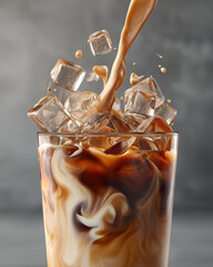 Iced latte with swirling milk and glossy ice cubes in clear glass under cinematic lighting on light gray background