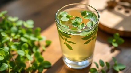 Woodruff leaves floating in herbal tea on a wooden table with natural green tones. bar promotions, beverage menus,designed for food & beverage menus and cafe branding.