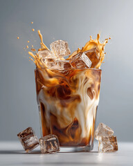 Iced latte with swirling milk and glossy ice cubes in clear glass under cinematic lighting on light gray background