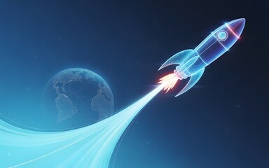 Glowing digital rocket launching into space with earth in background