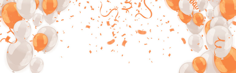 cheerful orange and white balloon background Confetti and streamers create a festive border Ideal for Happy Birthday 2026 or New Year party invitations Clean center space for text.