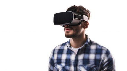Man wearing a virtual reality headset in a blue and white checkered shirt on isolated on transparent background