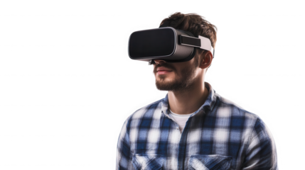 Man wearing a virtual reality headset in a blue and white checkered shirt on  isolated on transparent background
