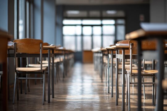 Empty classroom with rows of desks - Powered by Adobe
