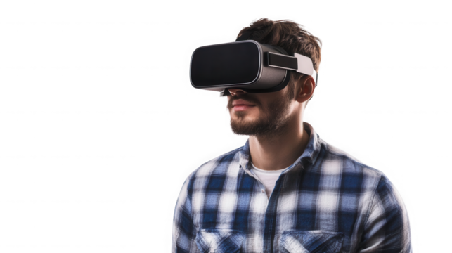 Man wearing a virtual reality headset in a blue and white checkered shirt on  isolated on transparent background - Powered by Adobe