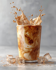 Iced latte with swirling milk and glossy ice cubes in clear glass under cinematic lighting on light gray background