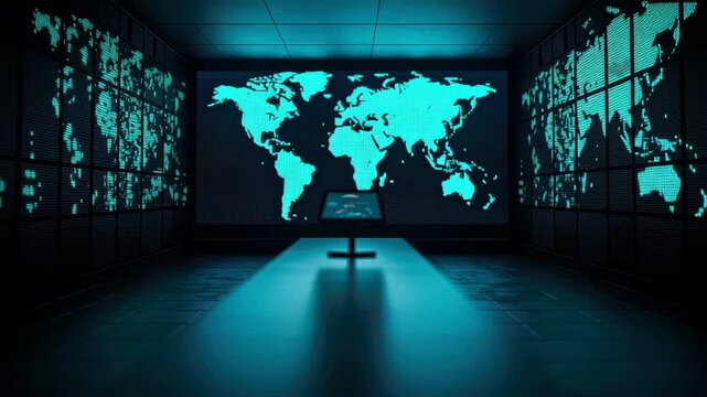 Global map data dashboard cyber security control room digital screen blue glow technology network monitoring analysis surveillance intelligence