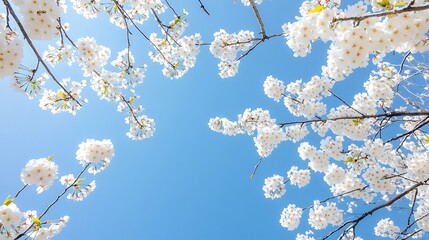 White cherry blossoms against a blue sky background in spring representing renewal and beauty