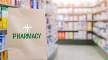 A pharmacy bag stands ready at the checkout counter, filled with healthcare essentials. The shop's shelves stretch into the distance, promising wellness and reliable service.