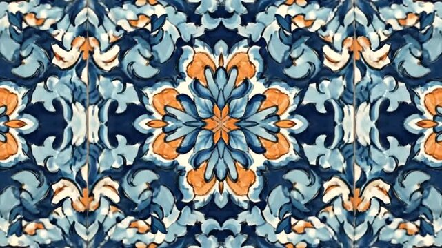 Intricate blue and orange floral pattern on ceramic tile design