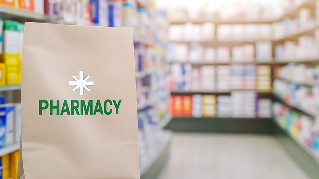 A pharmacy bag stands ready at the checkout counter, filled with healthcare essentials. The shop's shelves stretch into the distance, promising wellness and reliable service. - Powered by Adobe