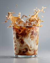 Iced latte with swirling milk and glossy ice cubes in clear glass under cinematic lighting on light gray background