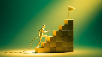 Wooden figure climbs blocks towards a flag representing goal setting