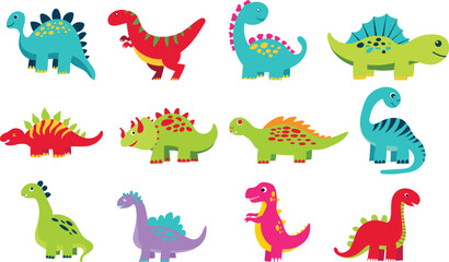 Obraz premium Cute Colorful Dinosaur Clipart Collection. Set of cute and colorful dinosaur illustrations in a fun cartoon style. Includes various dinosaur species with bright colors