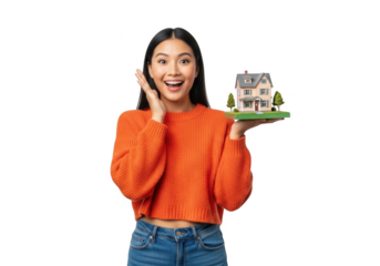 Young woman holding a miniature house isolated on transparent background
