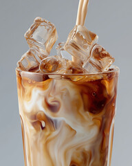 Iced latte with swirling milk and glossy ice cubes in clear glass under cinematic lighting on light gray background