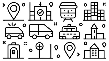 Outline icons depicting various modes of transportation and infrastructure elements in a simple style