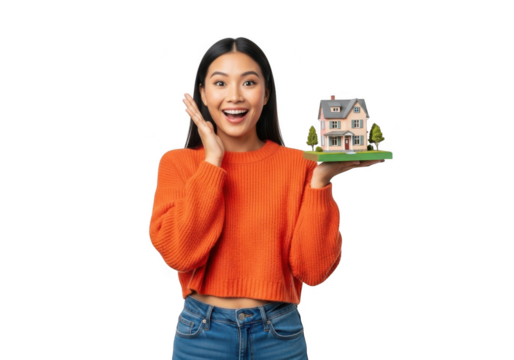 Young woman holding a miniature house isolated on transparent background