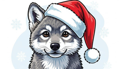Adorable cartoon wolf wearing Santa hat brings festive cheer, perfect for holiday greetings, winter designs, or children's illustrations with playful charm