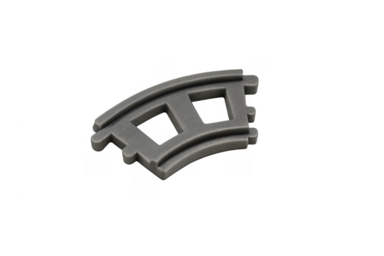 Gray plastic toy train track curve isolated