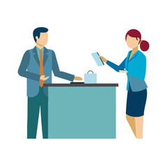 Obraz premium Business people at a reception desk interacting with a clerk, handing over documents for service.