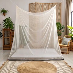 Cozy bohemian bedroom with mosquito net draped over bed and plants