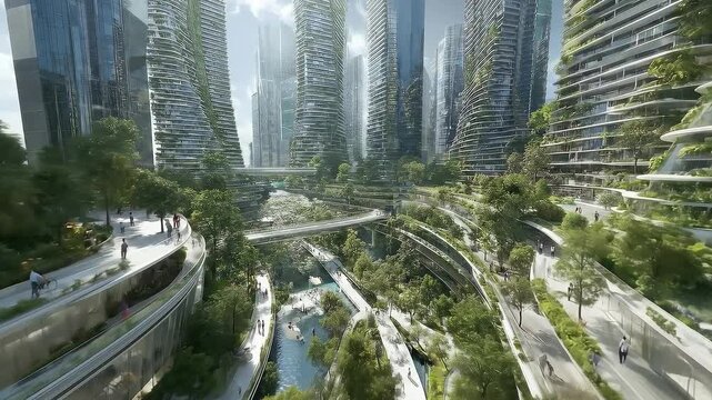 4K Futuristic Sustainable City Architecture Vertical Forest Design