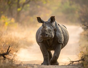 Fototapeta premium Large rhino walks directly toward the camera on a dusty path