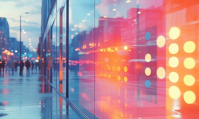 Modern cityscape reflections in vibrant blue and pink. Urban abstract background with blurred lights. Futuristic city concept for digital design.