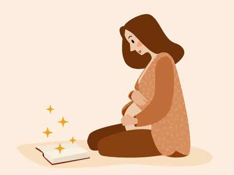 Pregnant woman reading magic book enjoying storytelling and motherhood