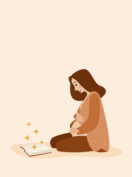 Pregnant woman reading magic book enjoying motherhood
